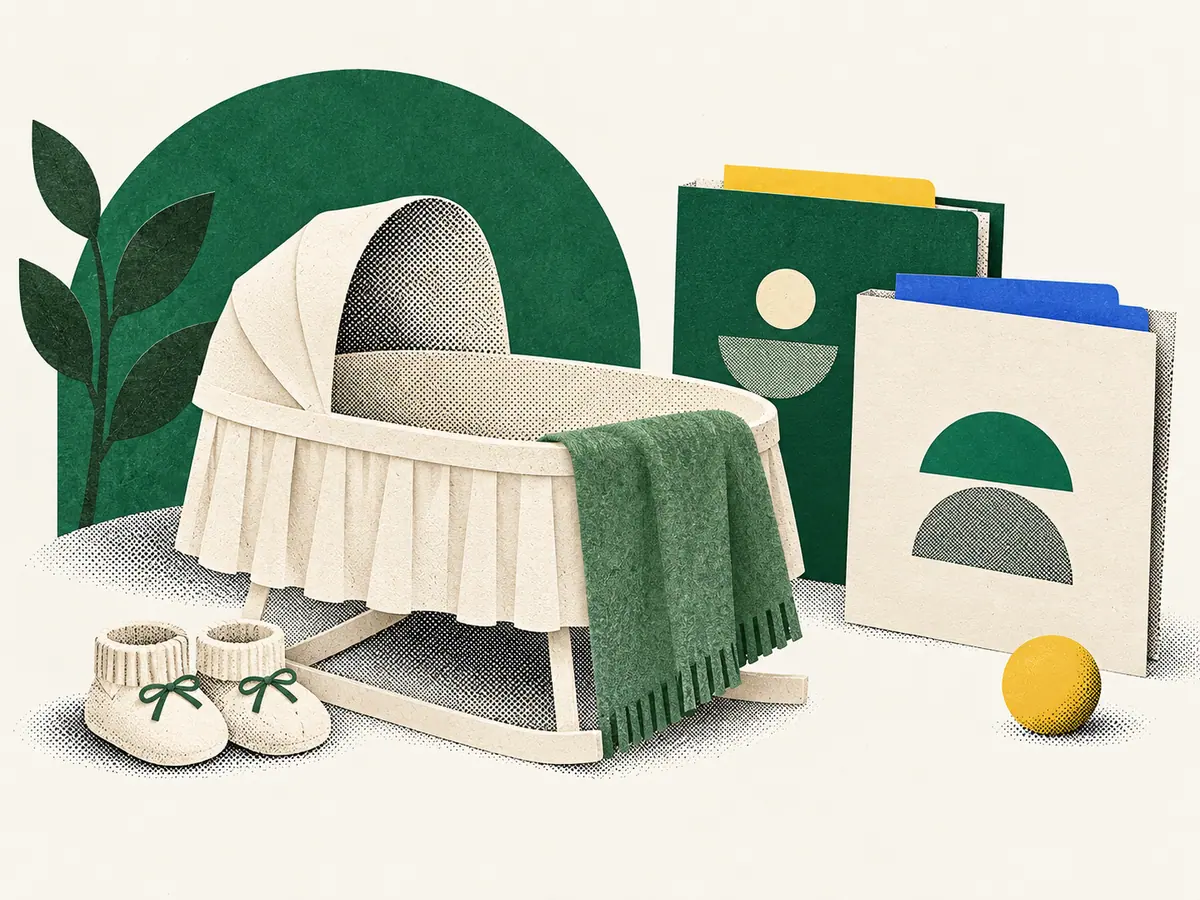 Детская колыбель, пинетки и папки разных видов пособий